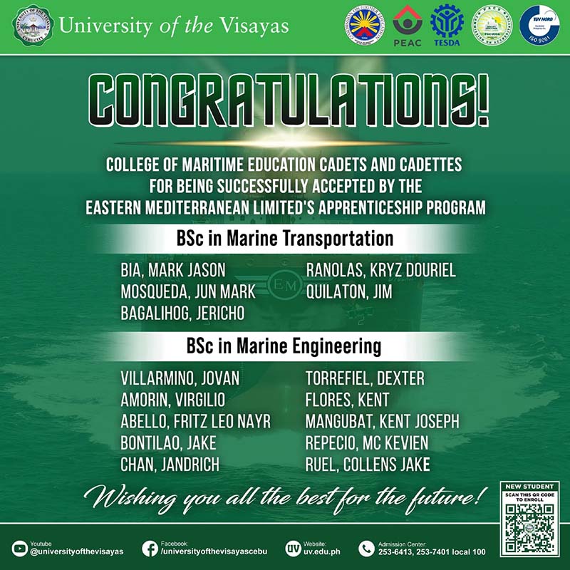 15 UV Maritime Cadets accepted to EASTMED's Apprenticeship Program