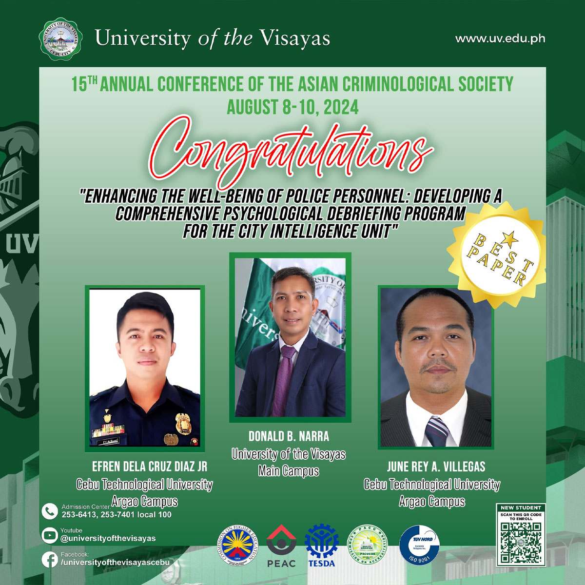 Best Paper Award for research on police well-being at Asian Criminological Society Conference