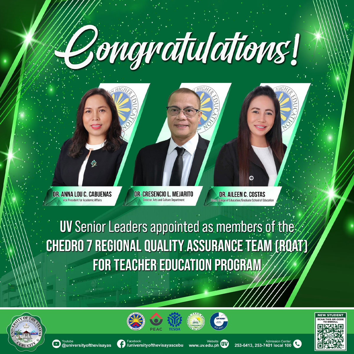 CONGRATULATIONS TO UV'S NEWLY-APPOINTED CHEDRO 7 REGIONAL QUALITY ASSURANCE (RQAT) MEMBERS!