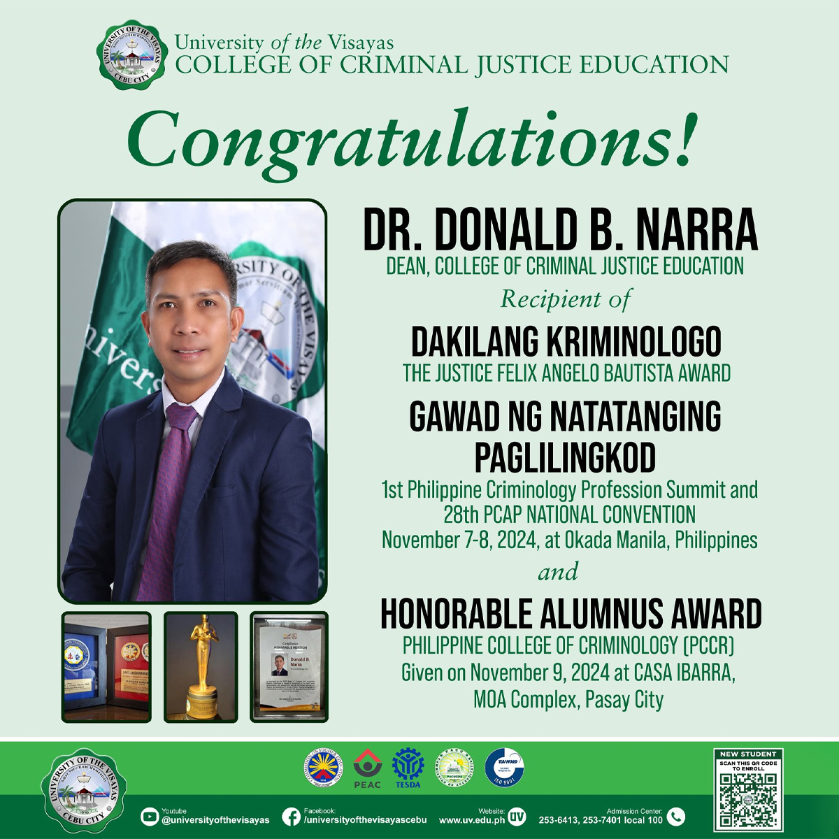 UV Heaps Praises on CCJE Dean Dr. Narra for Reaping Major Awards