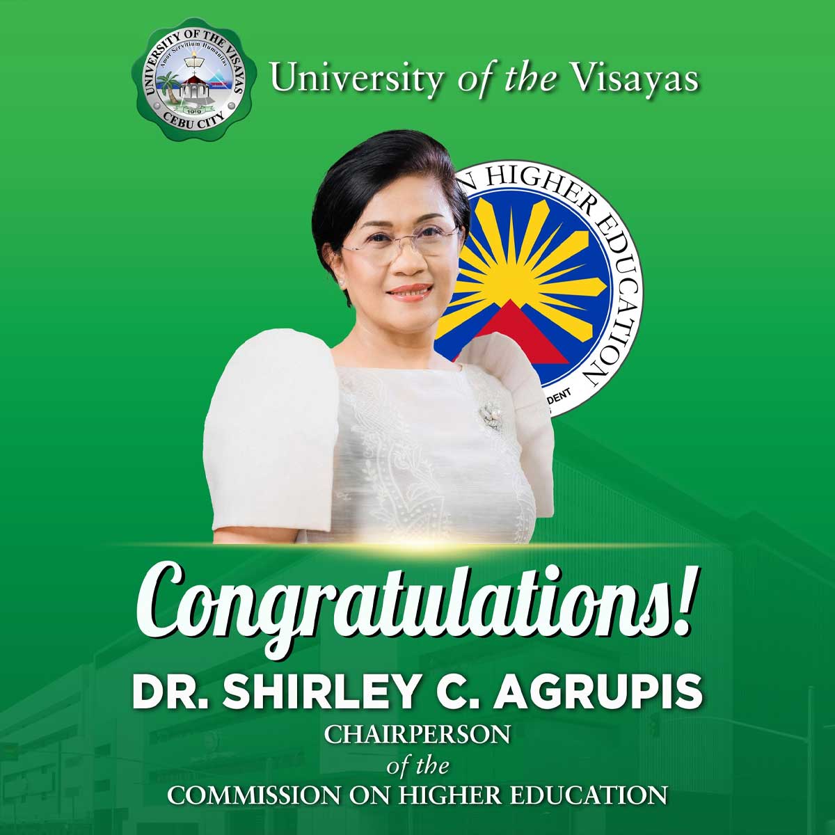 UV Congratulates Dr. Shirley Agrupis on Appointment as CHED Chairperson