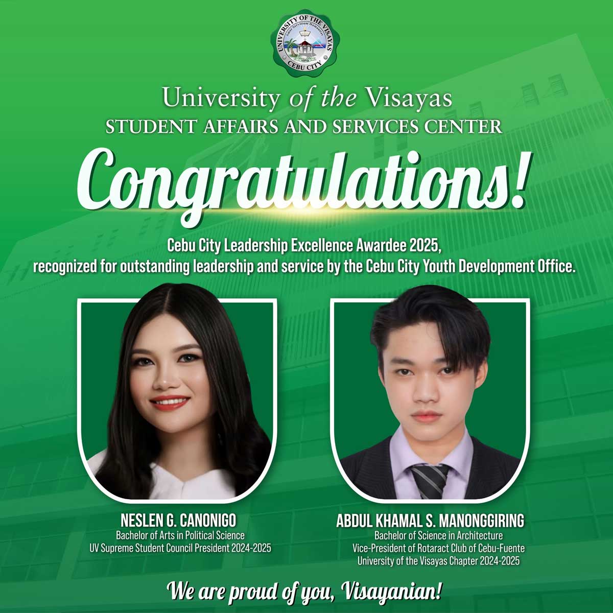 UV Student Leaders Receive Cebu City Leadership Excellence Award 2025
