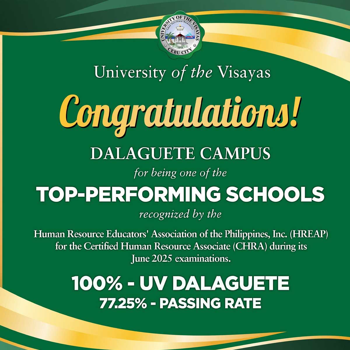 UV Dalaguete earns 100% passing rate, named top-performing school in CHRA exam