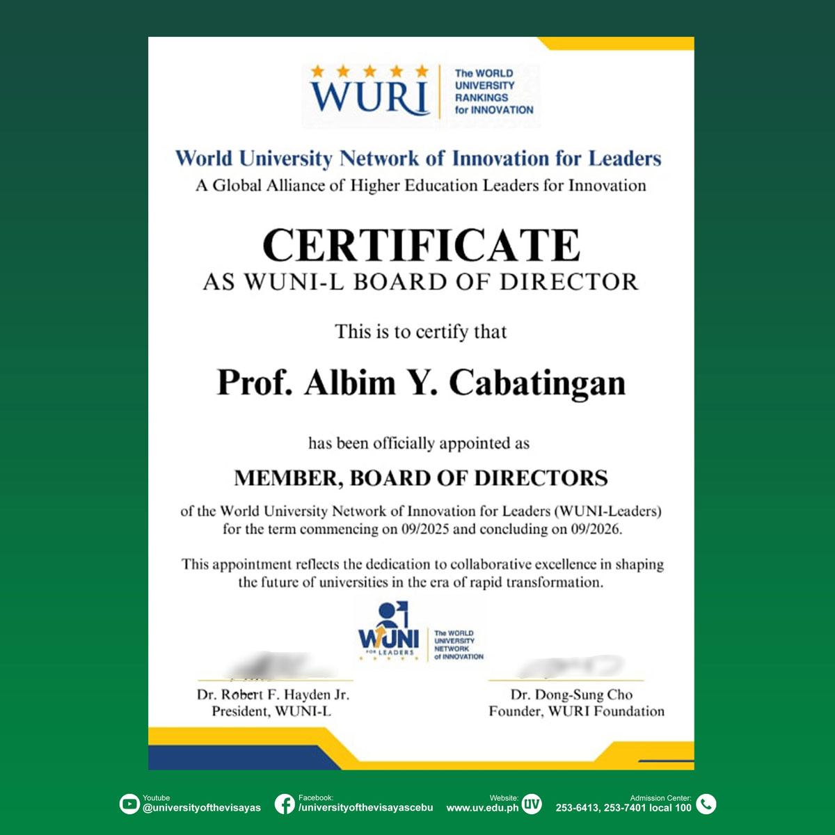 WUNI Appoints UV’s Dr. Cabatingan to Board of Directors